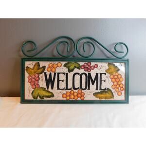 Welcome Plaque Tile Sign Hand Painted Ceramic Iron Mount Frame Pre-owned